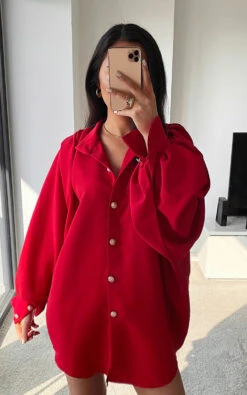 Cindy Button Down Balloon Sleeve Shirt Dress In Red