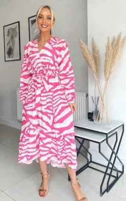 Nathalie Wrap Front Printed Midi Dress In Fuschia