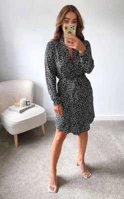 Nessie Printed Mini Dress In Black