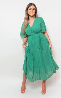 Rachel Pleated Wrap Front Maxi Dress In Green