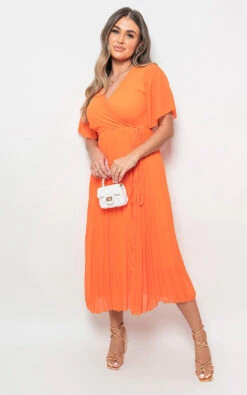 Rachel Pleated Wrap Front Maxi Dress In Orange