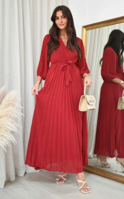Rebeca Pleated Wrap Front Maxi Dress In Wine