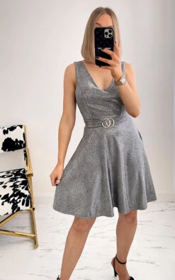Sara Sleeveless Glitter Skater Dress In Silver