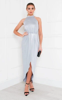 Serena Halterneck Backless Maxi Dress In Silver