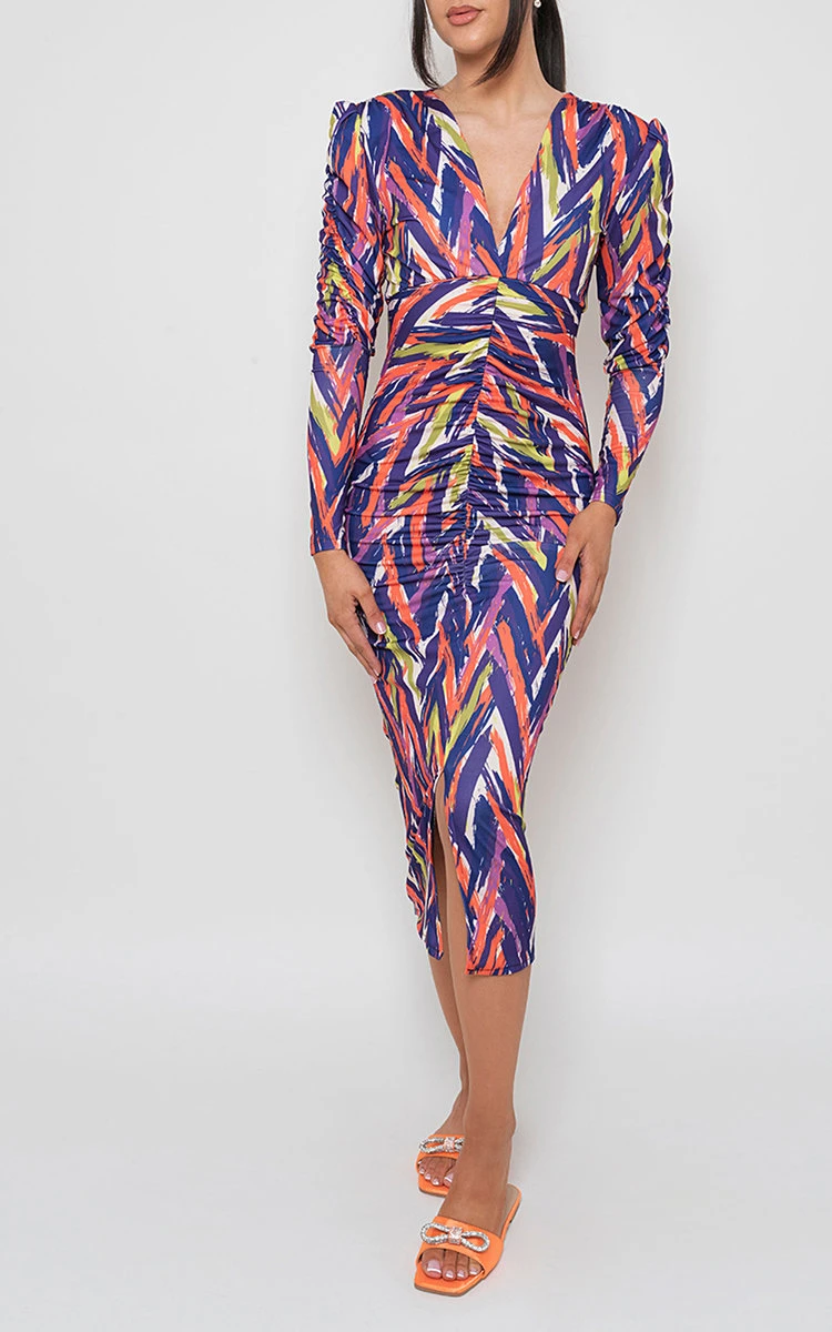 Sierra Printed Ruched Front Midi Dress In Purple 1 Sierra Printed Ruched Front Midi Dress In Purple