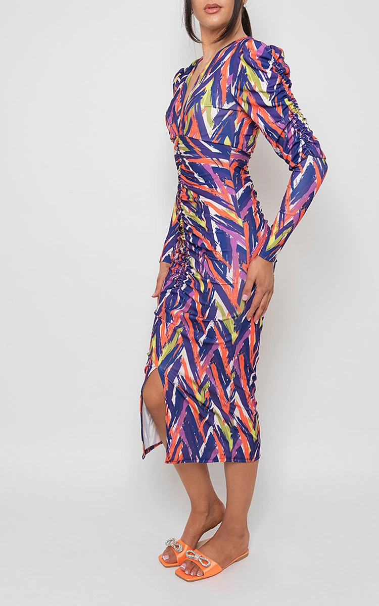 Sierra Printed Ruched Front Midi Dress In Purple 2 Sierra Printed Ruched Front Midi Dress In Purple - Image 2