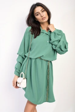 Susana Ruffle Sleeve Pocket Button Front Blouse Dress In Green