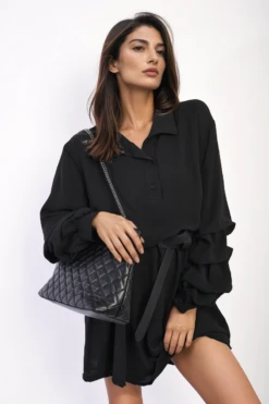 Susana Ruffle Sleeve Pocket Button Front Blouse Dress In Black 7 Susana Ruffle Sleeve Pocket Button Front Blouse Dress In Black -Fashionish Shop ikrush susana oversized collared ruched long sleeve mini dress 17079270321302 40