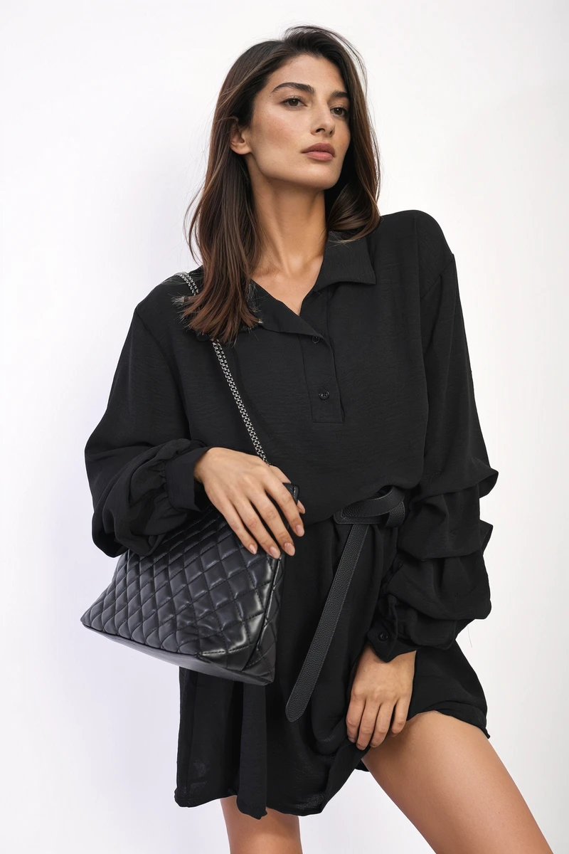 Susana Ruffle Sleeve Pocket Button Front Blouse Dress In Black 4 Susana Ruffle Sleeve Pocket Button Front Blouse Dress In Black - Image 4