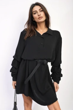 Susana Ruffle Sleeve Pocket Button Front Blouse Dress In Black