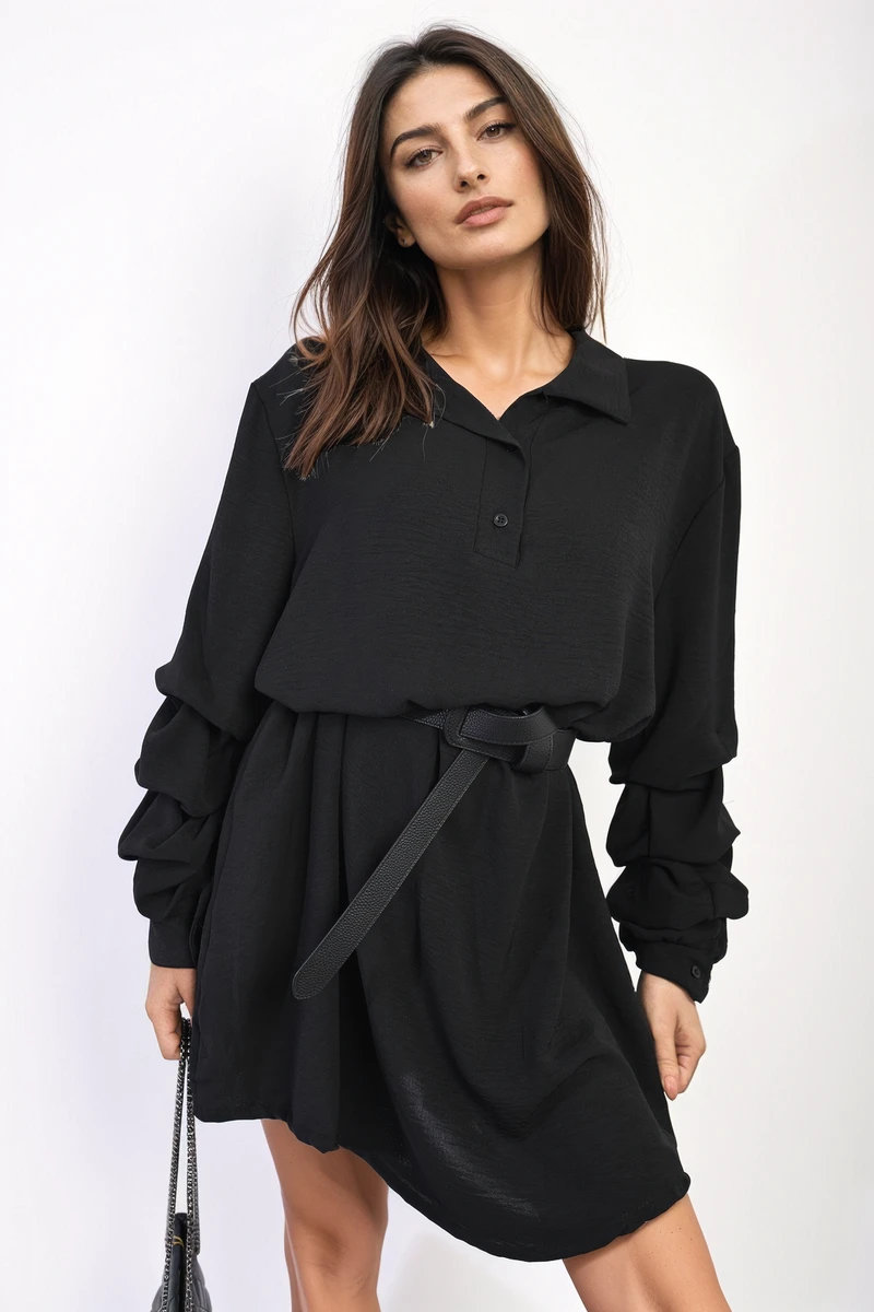 Susana Ruffle Sleeve Pocket Button Front Blouse Dress In Black 1 Susana Ruffle Sleeve Pocket Button Front Blouse Dress In Black