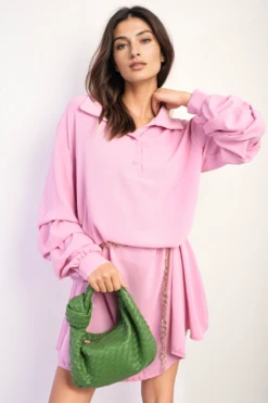 Susana Ruffle Sleeve Pocket Button Front Blouse Dress In Pink