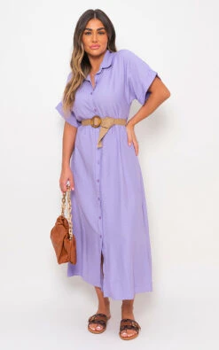 Syeda Button Down Collared Short Sleeve Midi Dress With Belt Detail In Lilac