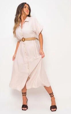 Syeda Button Down Collared Short Sleeve Midi Dress With Belt Detail In Beige -Fashionish Shop ikrush syeda button down collared short sleeve midi dress with belt detail 1679422921DSC2994