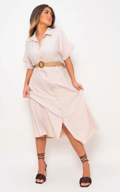 Syeda Button Down Collared Short Sleeve Midi Dress With Belt Detail In Beige