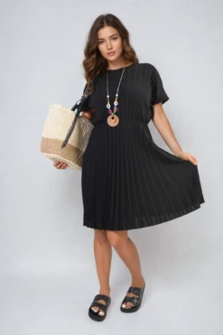 Teresa Short Sleeve Pleated Midi Dress In Black -Fashionish Shop ikrush teresa short sleeve pleated midi dress 1717523678538956