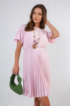 Teresa Short Sleeve Pleated Midi Dress In Lht Pink