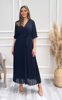 Tina Pleated Wrap Front Maxi Dress In Navy