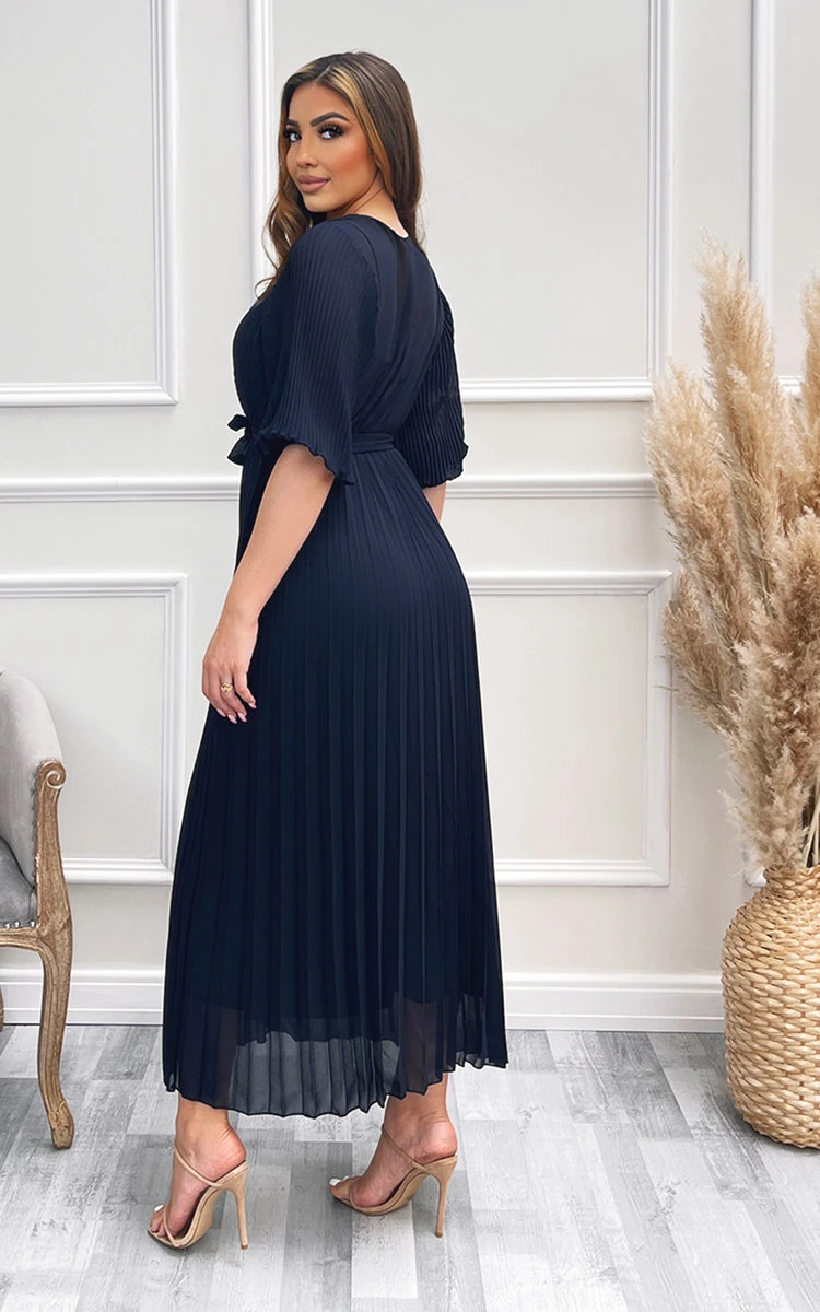 Tina Pleated Wrap Front Maxi Dress In Navy 3 Tina Pleated Wrap Front Maxi Dress In Navy - Image 3