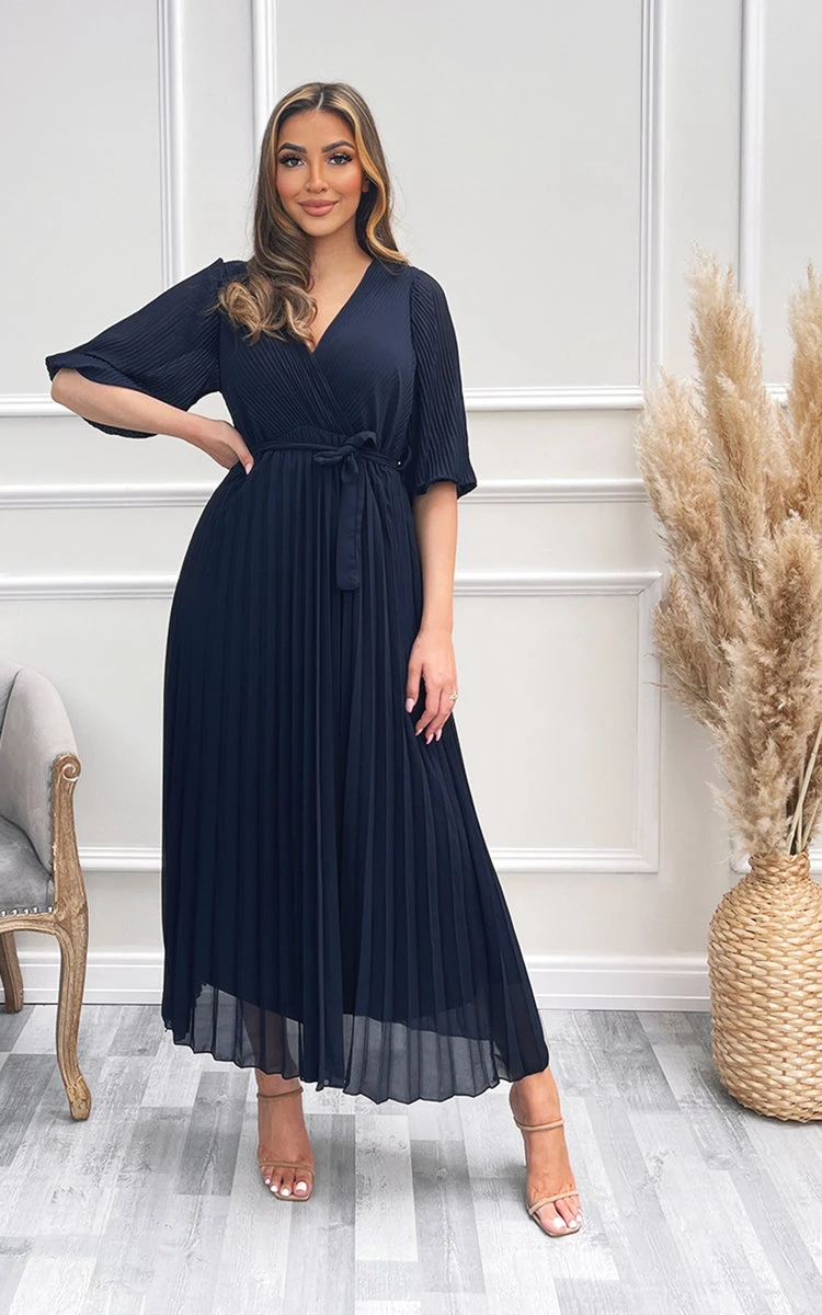 Tina Pleated Wrap Front Maxi Dress In Navy 2 Tina Pleated Wrap Front Maxi Dress In Navy - Image 2