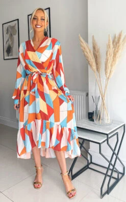 Vivien Wrap Front Midi Dress With Abstract Print In Orange
