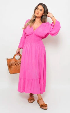 Winona Flounce Sleeve V Neck Maxi Dress In Fuschia