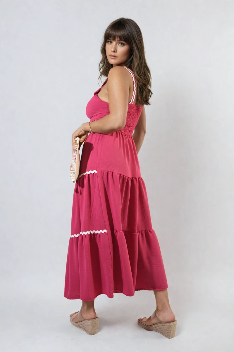 Zaylee Contrast Ric Rac Detail Multi Tiered Maxi Dress In Fuschia 2 Zaylee Contrast Ric Rac Detail Multi Tiered Maxi Dress In Fuschia - Image 2